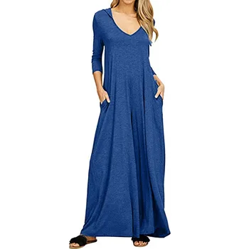 

Autumn Maxi dress women MAXIORILL летнее платье long Casual V-neck Solid Color Loose Seven-Point Sleeve Hooded Pocket Dress #3