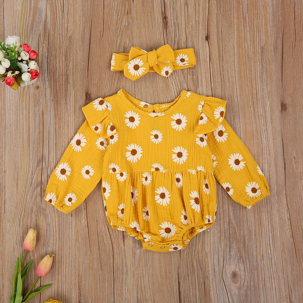 

2Pcs Baby Toddlers Girls Autumn Outfits Daisy Floral Print O-Neck Long-Sleeves Romper + Bow Hairband