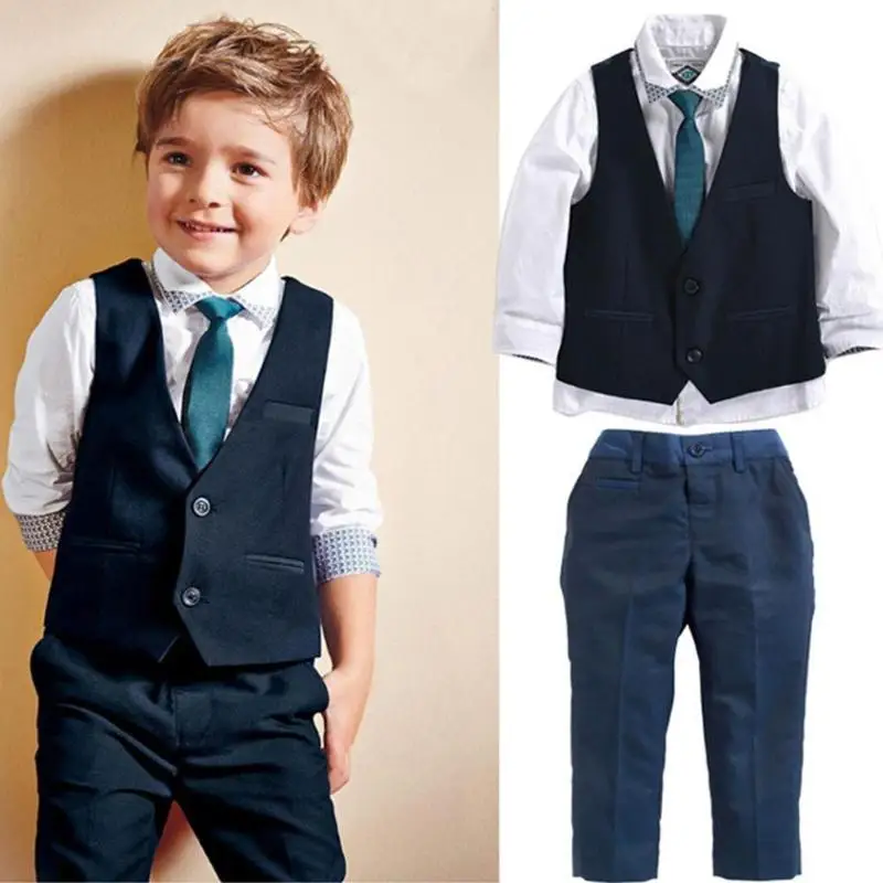 

2019 New Autumn Baby Boys Clothing 4pcs British Style Boy Gentleman Tie Shirt Pants Costume Shirt Pants Vest Necktie Outfits