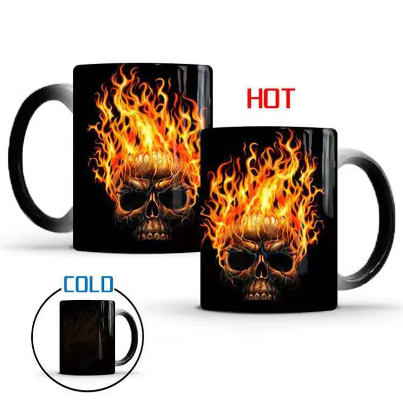 Забавная пугающая волшебная кружка Fire On Skull для кофе с изменением цвета горячей и