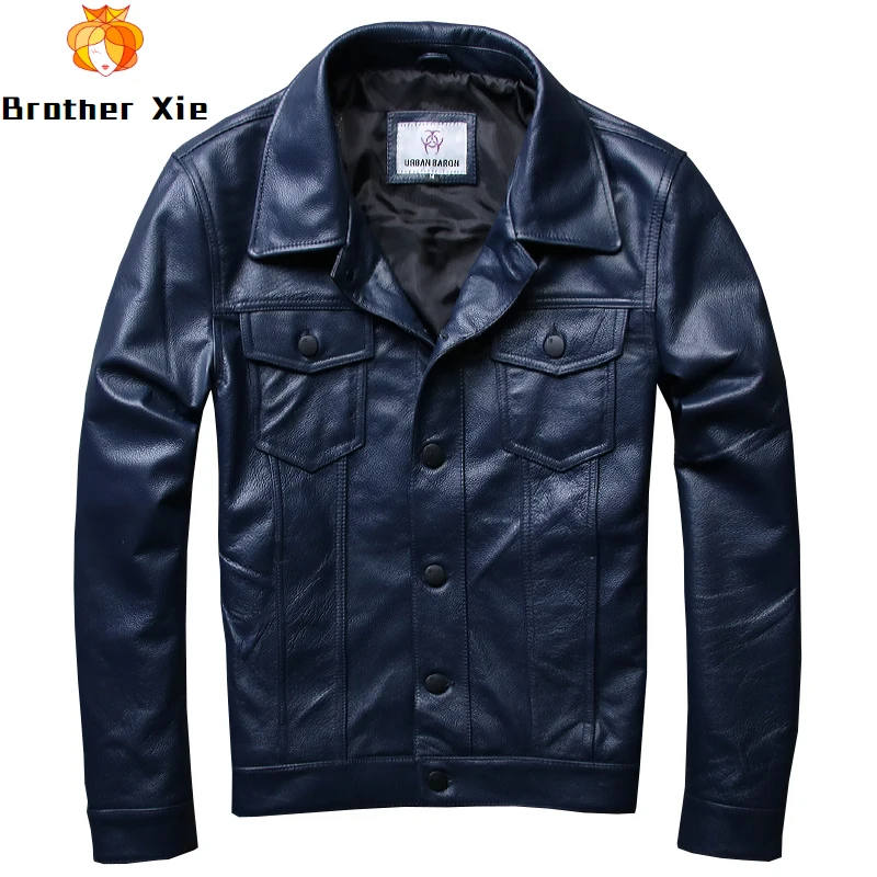 

2020 Men's Genuine Leather Jackets Blue Single Breasted Leather Jackets 5XL Casual Cowhide Coat for Male