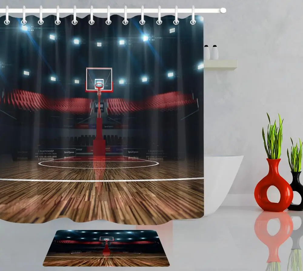 Curtain And Mat Пустая баскетбольная площадка, креативная занавеска для душа, водонепроницаемая полиэфирная ткань, занавеска для ванной комнаты с крючками, домашний декор - Цвет: Curtain And Mat