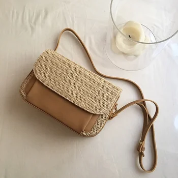 

Patchwork Pu Straw Beach Bag Women Shoulder Bags Woman Hand-woven Straw Handbag Ladies Small Flap Crossbody Bags For Women Bolsa
