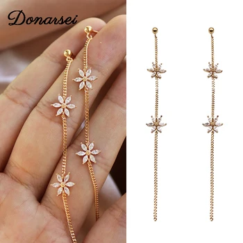 

Donarsei 925 Sterling Silver Fashion Zircon Flower Long Drop Earrings For Women Elegant Line Dangle Earrings Gift