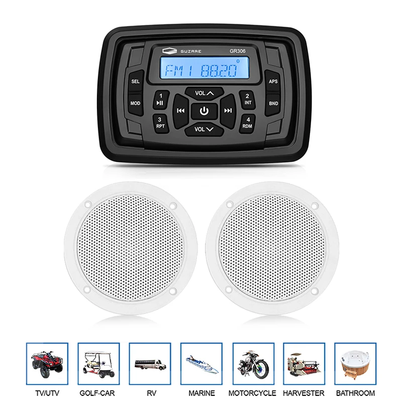 

Морской радиоприемник для лодки, стерео, Bluetooth, аудио, FM, AM, Автомобильный MP3-плеер + 4-дюймовый Водонепроницаемый морской динамик для RV, UTV, мотоцикла