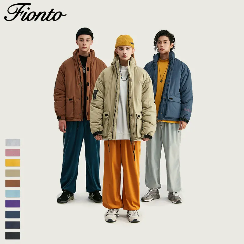

Fionto Men's Wear 2019 Winter New Trendy Brand Simple Pure Color Magic Sticker Thickened and Warm Vertical Collar Cotton Coat