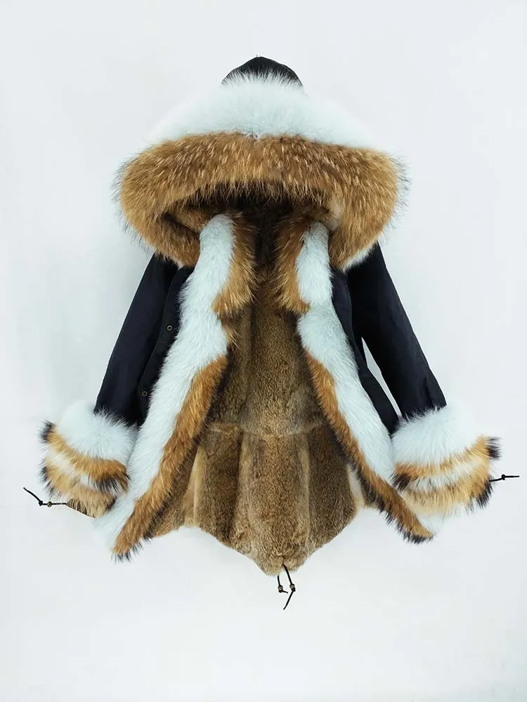 black- rabbit liner1 Длинная парка из натурального меха пальто из енота, лисы меховой капюшон, воротник манжеты кролик лайнер верхняя одежда новая зимняя куртка для женщин - Цвет: black- rabbit liner1