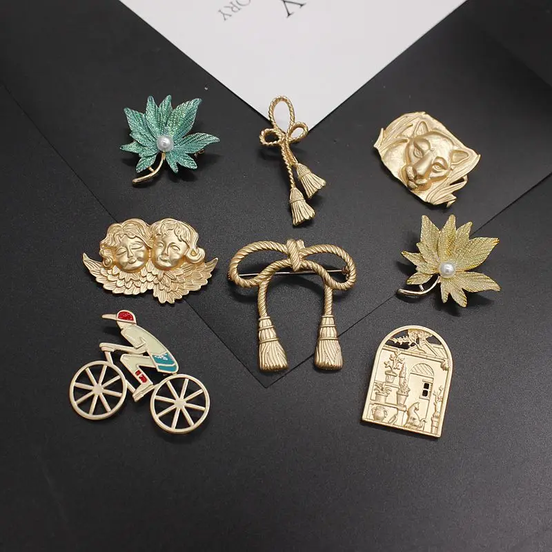 New Maple Leaf Pearl Matte Fog Fashion Trend Knot Bow Sports Bicycle Alloy Relief Cat Lucky Angel Jungle Beast Female Brooch | Украшения и
