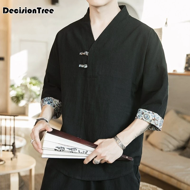 Китайский традиционный мужской костюм Тан восточные Топы Рубашки в восточном стиле для мужчин блузка hanfu принтованная китайская рубашка с v-образным вырезом Топ hanfu