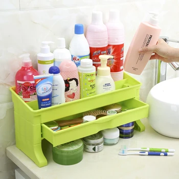 

Multi-functional Storage Rack Plastic Bathroom Organizer Kitchen Shelf 2 Layers Desktop Cosmetic Storage Box with Drawer