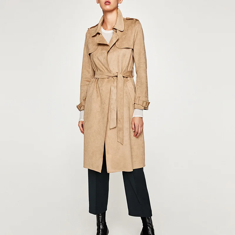 

Western Style Autumn Classic Style Three-Color WOMEN'S Dress Pink Suede Coat Mid-length Overcoat Trench Coat