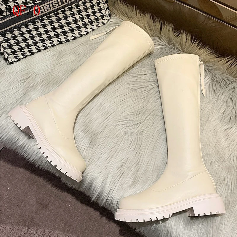 HQFZO-Botas altas hasta el muslo de felpa para Mujer, botines hasta la rodilla informales de marca de diseñador, con cremallera, zapatos de cuero Botas Largas, blancos, 2020