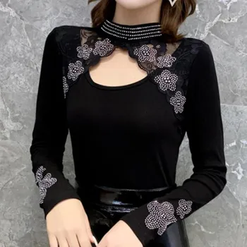 

T-shirt female Rhinestone Floral 2020 spring autumn winter tops women's diamond tshirts Femme hollow Tees Camisetas Mujer black