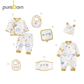 

Pureborn Newborn Clothes Set 8pcs Spring Long Sleeve Cotton Cartoon Romper Infant Underwear Baby Girls Boys Clothes Sleepwear