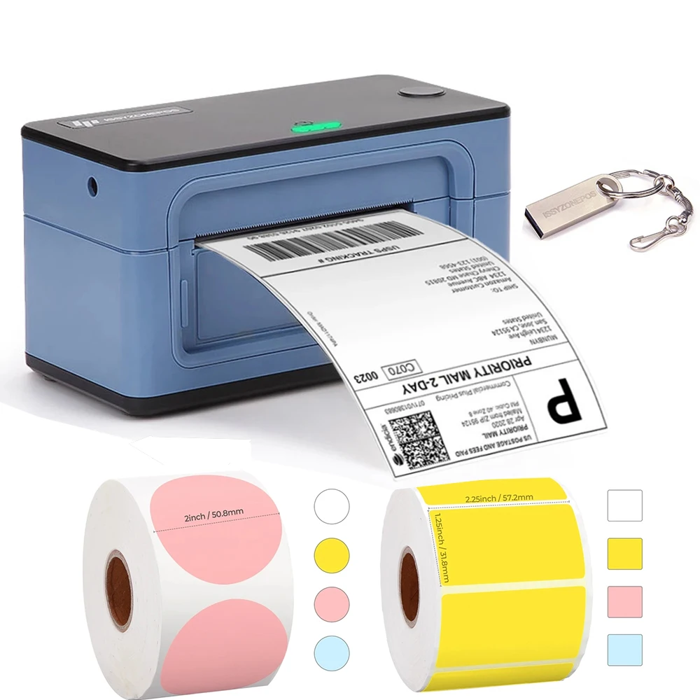 ISSYZONEPOS LOGO Pengiriman Thermal Label 4 Inci Label USB Barcode Stiker Printer 40-110Mm Express Gratis 5 Gulungan Warna Kertas Label