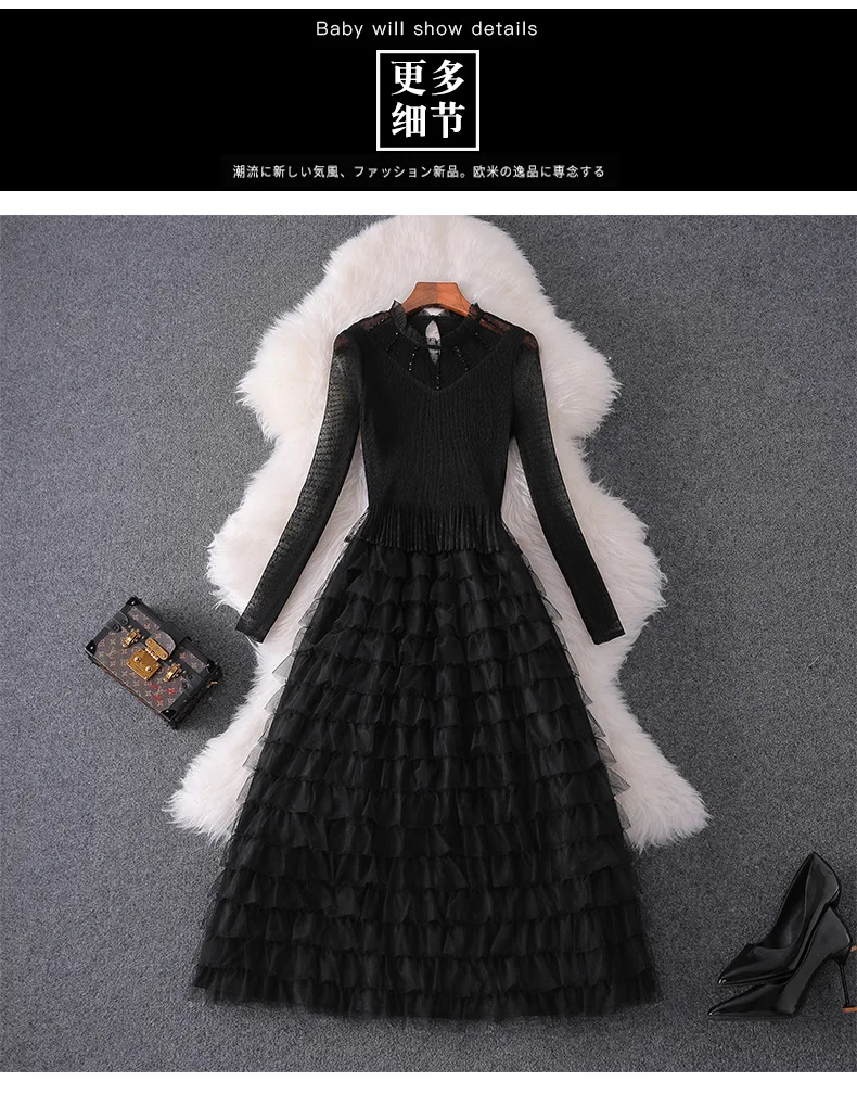 Women fashion autumn winter ruffles dress lace inset long sleeve gothic dress fit and flare cute dresses new black