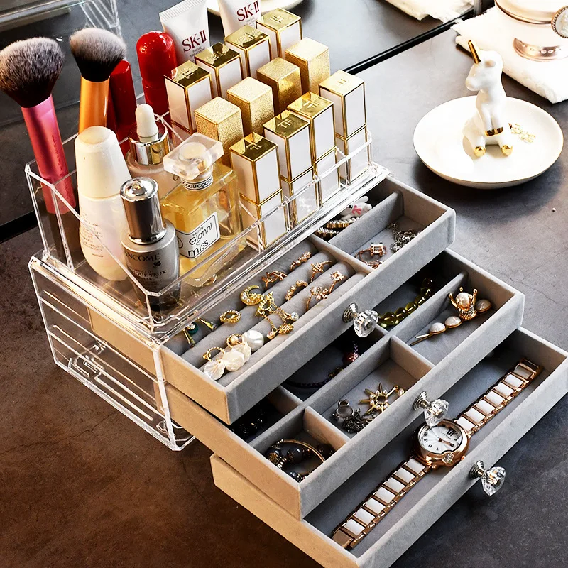 Jewelry Organizer Boxes Lipstick Makeup Storage Case Earrings Ring Necklace Gray Velvet Storage Case Display Stand Women Gifts 2023 new double layer jewelry box convenient earrings and earrings jewelry storage bag lipstick ring storage box