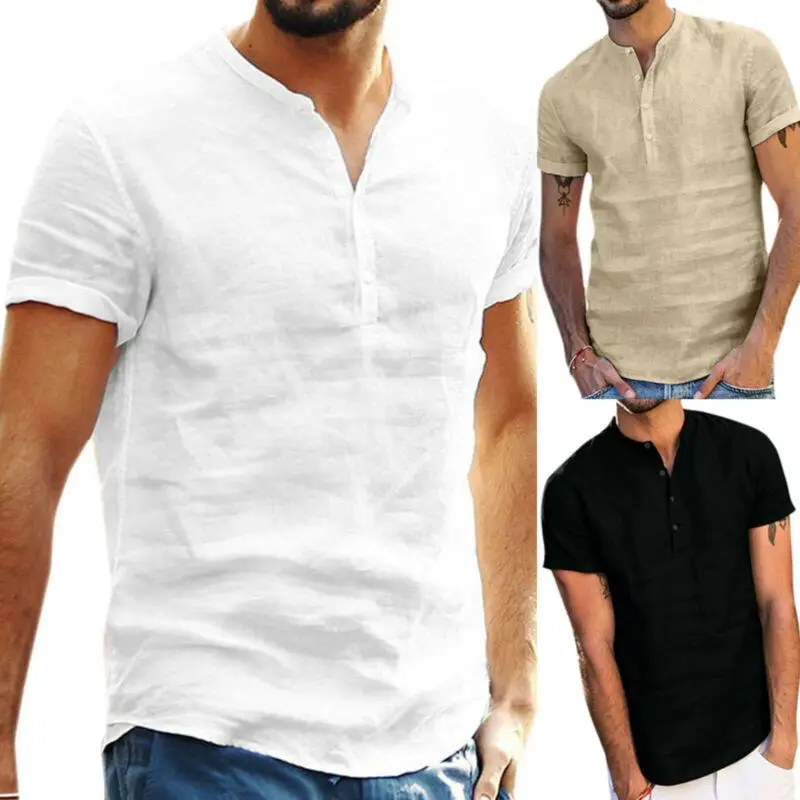 Mens Linen Short Sleeve Solid Shirts Casual Loose Tops Summer T-shirt Blouse Tee