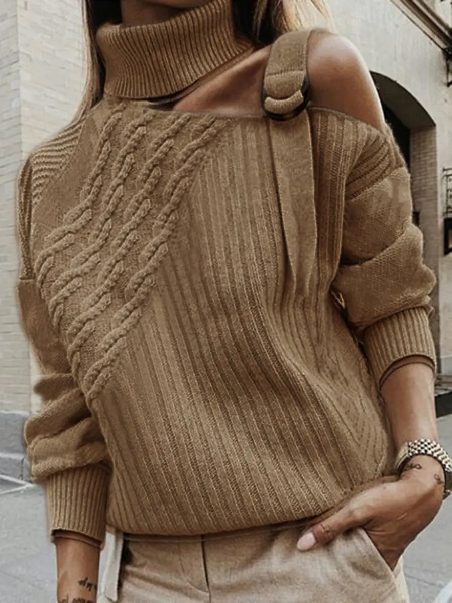 Водолазка с длинным рукавом вязаный свитер женский сексуальный с открытыми плечами лоскутный пуловер Зима Осень Мода ребристый свитер Топ - Цвет: Solid Khaki