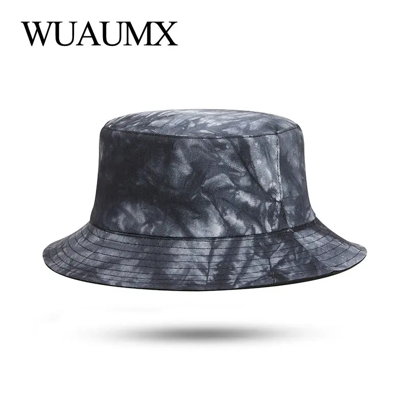 Wuaumx NEW Spring Summer Bucket Hats Tie dye Panama Cap Women Reversible Fisherman Hat Men Flat Top Basin Casual Gorros | Аксессуары для