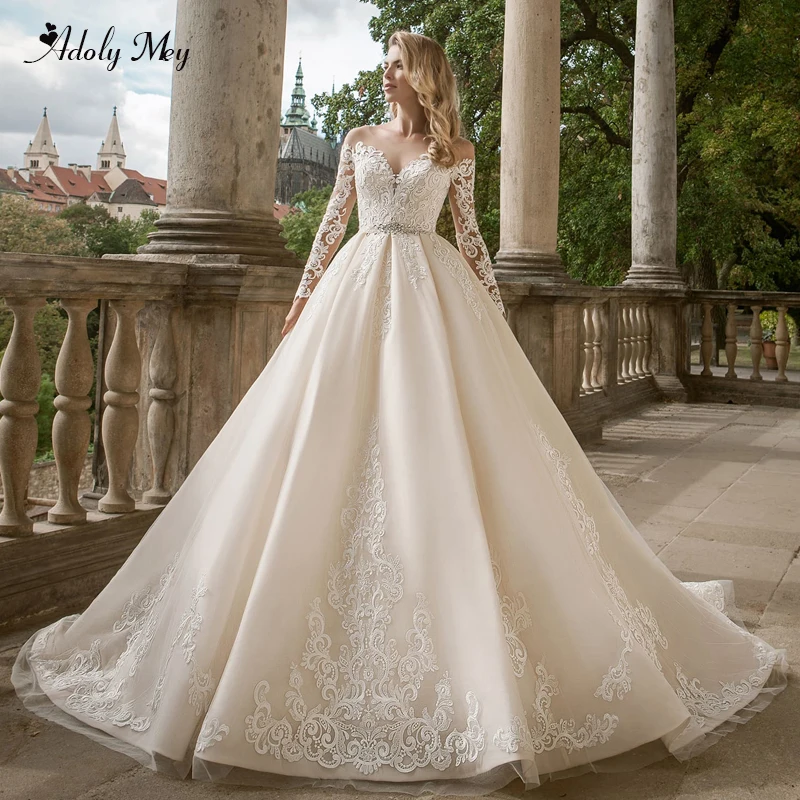 

Adoly Mey Gorgeous Appliques Long Sleeve A-Line Wedding Dresses 2020 Luxury Crystal Sashes Beaded Princess Bride Gown Plus Size