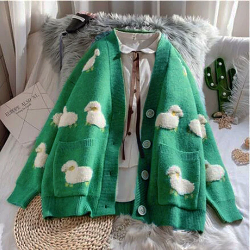 Women's V-neck casual long sleeved cardigan, large button jacket, Korean fashion, autumn and winter, new style 2