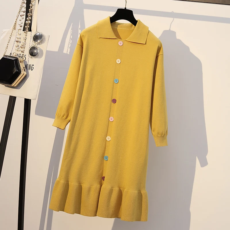 XL-XXXL размера плюс женское вязаное платье-свитер осень зима модное однобортное Повседневное платье с длинным рукавом и рюшами