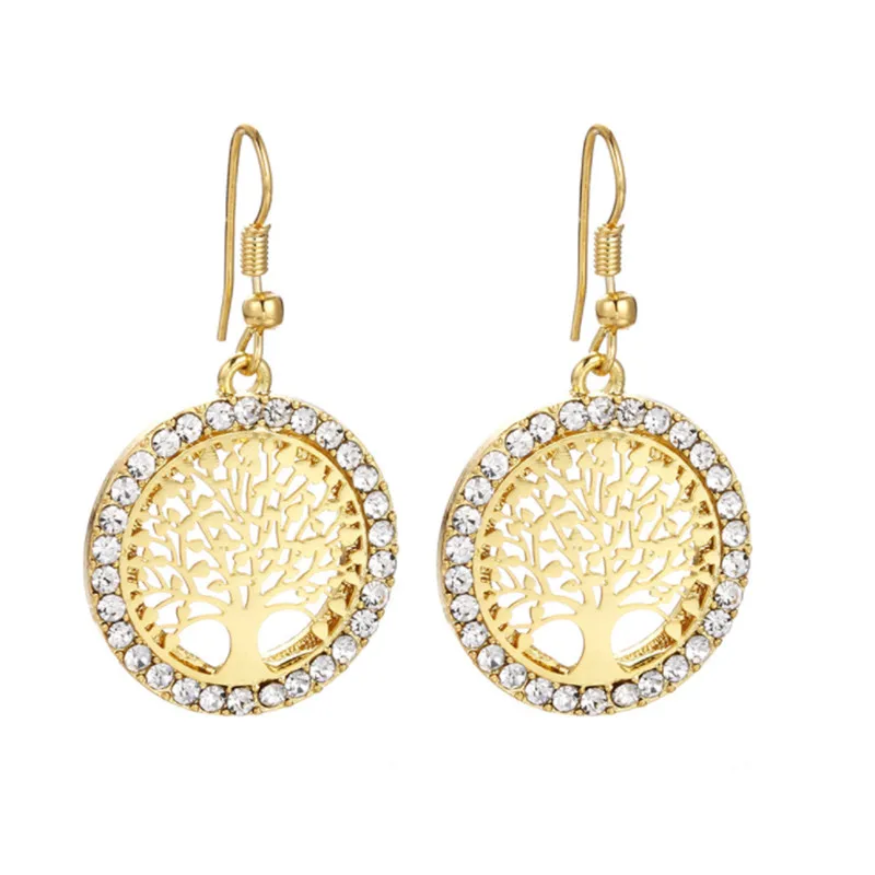 gold earring Горячее Дерево жизни круглый кулон-кристалл ожерелье розовый золотой и серебряный цвета Bijoux колье Элегантные женские ювелирные изделия подарки дропшиппинг - Окраска металла: gold earring