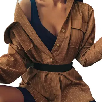 

Womens Spring Autumn Shirt Blouse Ladies Striped Printing Tops Pockets Long Sleeve Blouse Loose Casual Shirt