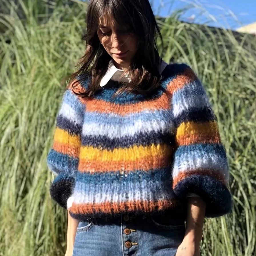

KHALEE YOSE Rainbow Striped Sweater Pullover Autumn Winter Multicoloured Mohair Sweaters Hand Knitted Boho Chic Jumper Women