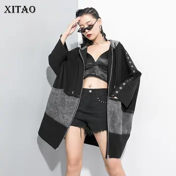 

XITAO Tide Patchwork Denim Pocket Trench Personality Sequin Decoration Hooded Collar Full Sleeve Plus Size Trench Coat ZYQ2033