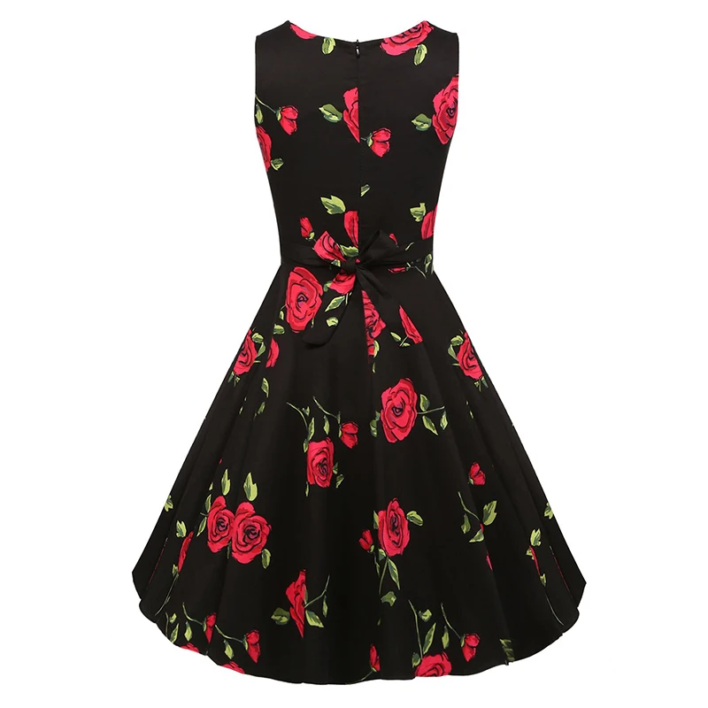 Kostlish Cotton Summer Dress Women 2017 Sleeveless Tunic 50s Vintage Dress Belt Elegant Print Rockabilly Party Dresses Sundress (51)