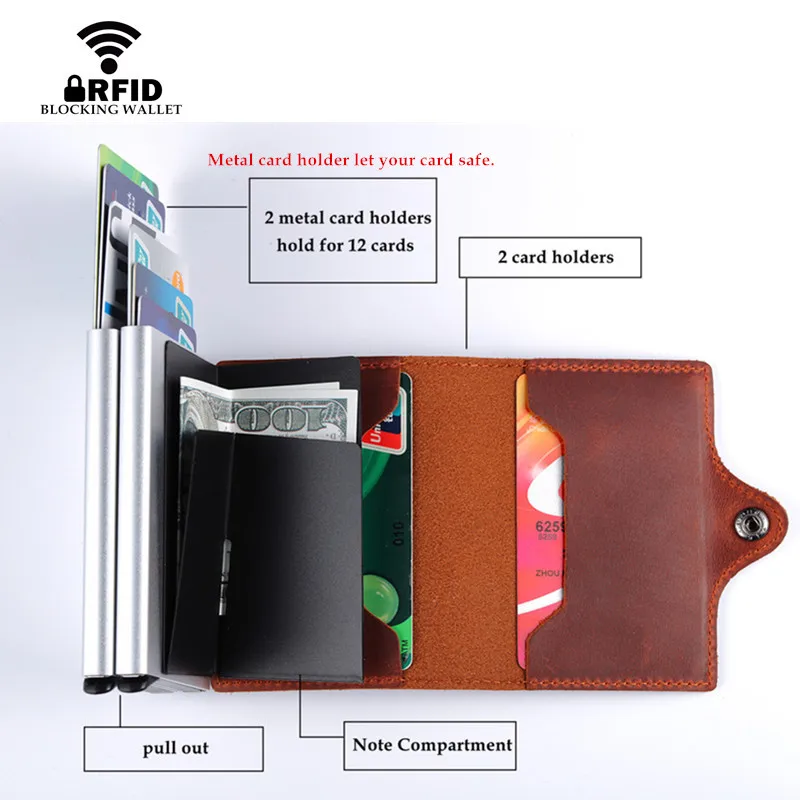 Bycobecy кошелек из натуральной кожи, кредитный держатель для карт, RFID кошелек, алюминиевый унисекс Crazy Horse кожаный 2 металлических кредитных держатель для карт