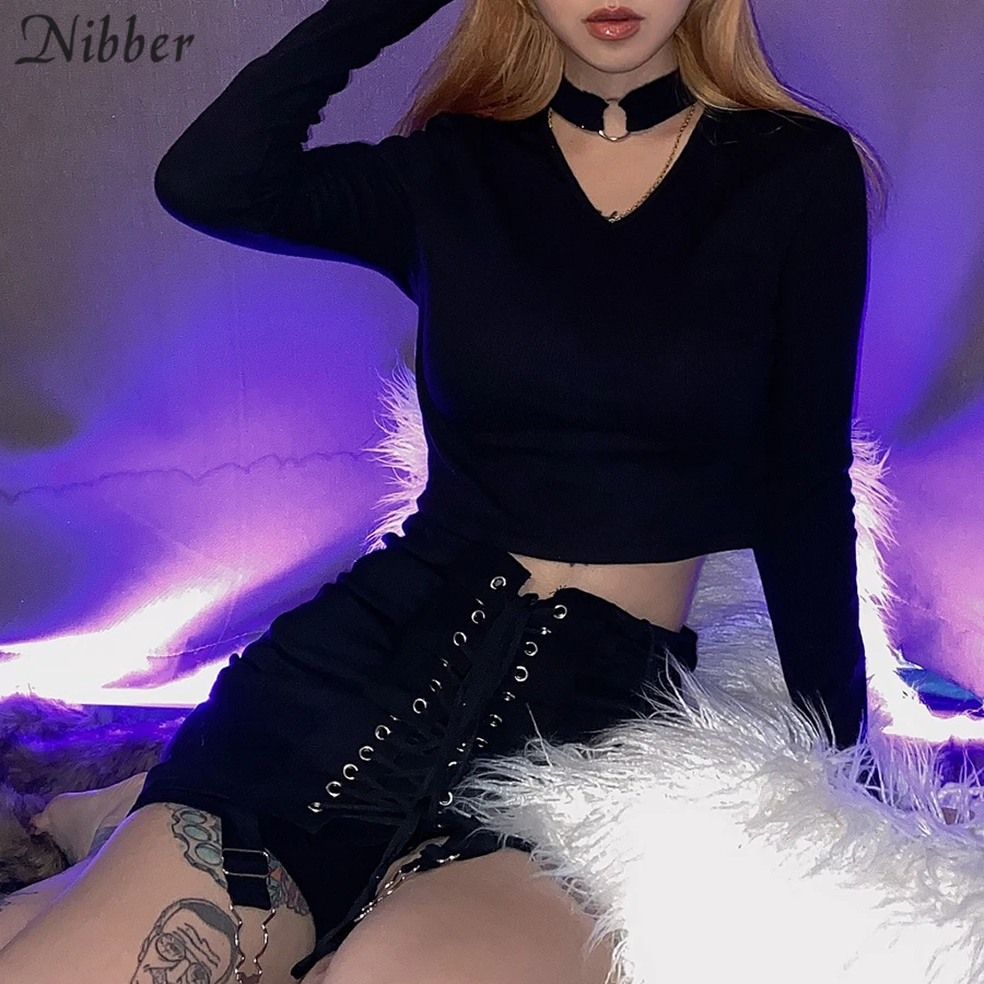 Nibber Harajuku чистый вязаный короткий топ с длинным рукавом Женские футболки модные уличные повседневные розовые черные простые Стрейчевые облегающие футболки