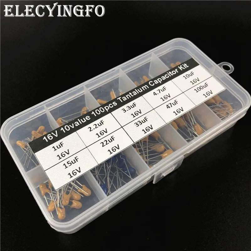 

10values 100pcs 16V 1uF 2.2uF 3.3uF 4.7uF 10uF 15uF 22uF 33uF 47uF 100uF tantalum capacitor assorted kit with free storage box