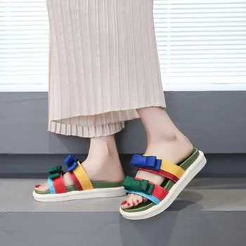

F Platform Bow Slippers Slide Women‘S Summer 2020 Design Luxury Color Matching Sponge Cake All Match Beach Women Rainbow Sandals