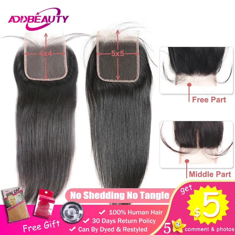 

Addbeauty HD Transparent 4x4 Lace Closure Straight Unprocessed Virgin One-Donor Brazilian Human Hair Free Middle Three Part
