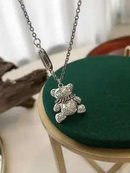 

Vintage Bear Pendant Necklace 925 Sterling Cute Chain National Trends Cool Earth GIRL'S Couples Sweater Chain N405