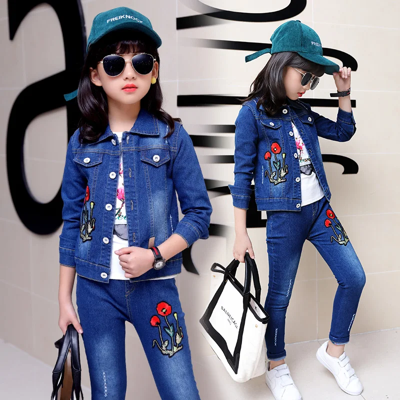 

2019 Kids Clothing Set for Girls red flower print suit Long Sleeve Jacket+ pant +shirt 3pcs set for 6 7 8 9 12 15 year DX03094