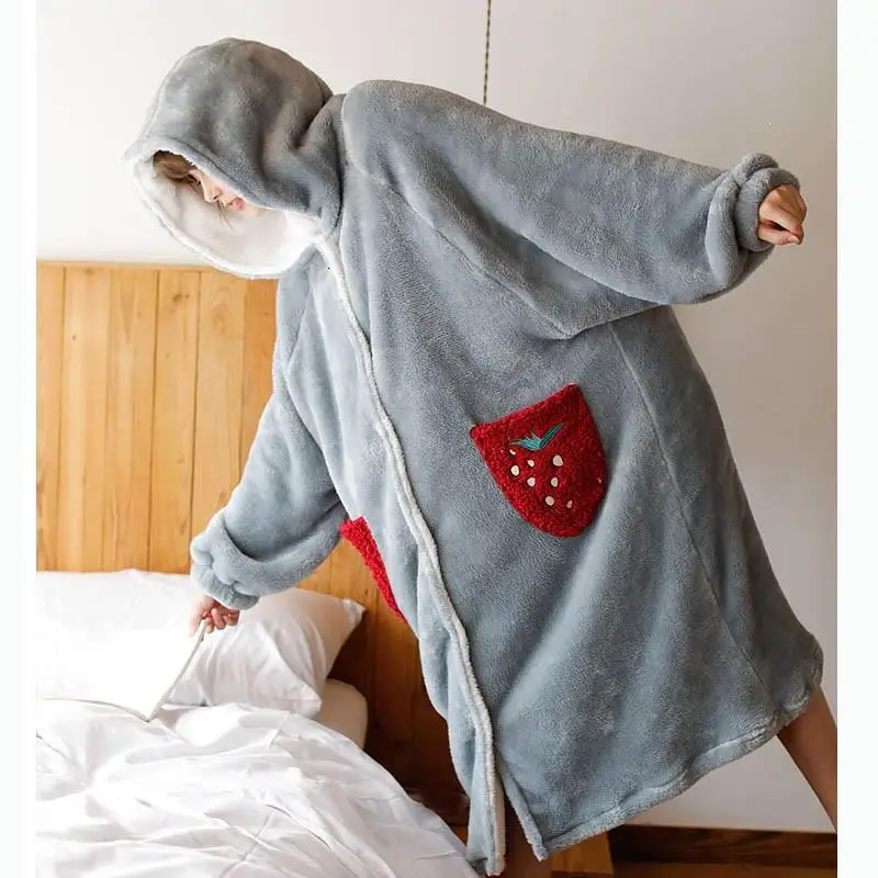 Winter Women Warm Flannel Bathrobe Long Sleeve Thickened Hooded Bath Robe Solid Night Sleepwear Dressing Gown