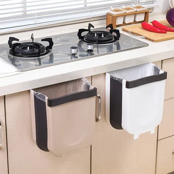 

Folding Trash Can Wall Mounted Folding Waste Bin Hanging Trash Can Small Kitchen Garbage Plastic Storage Bucket without Lid