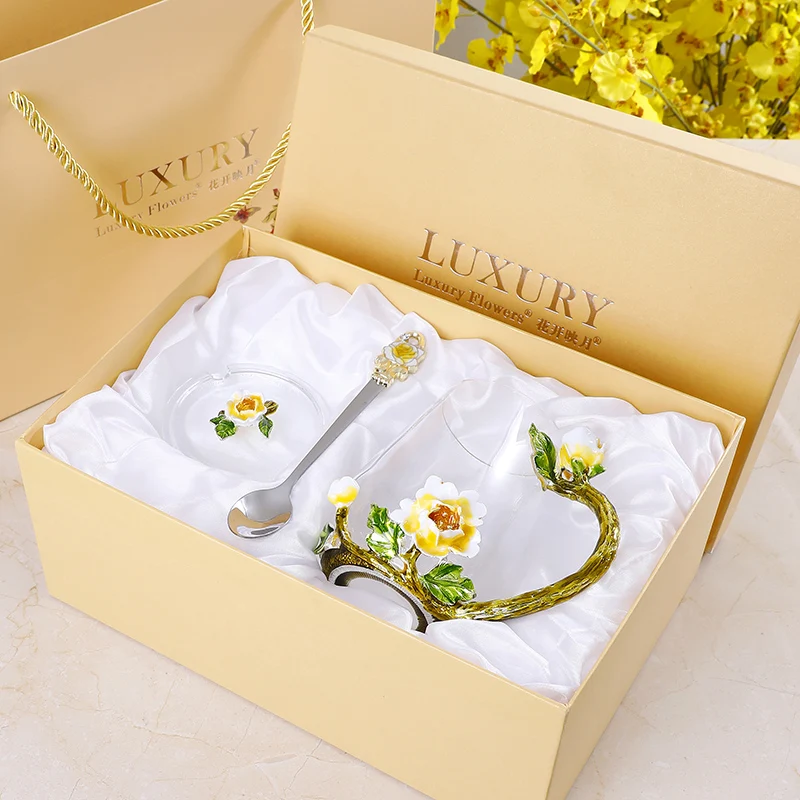 Gift boxes Эмалированная чашка для воды, Ароматизированная чайная чашка, креативная семейная, без свинца, пирекс, стекло на кружке, Хрустальная чашка, кружка для молока с крышкой, ложка - Цвет: Gift boxes