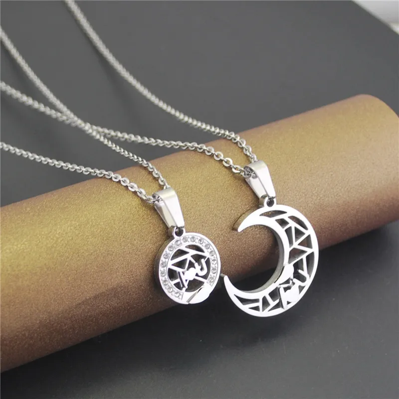 Romantic Hollow Out Sun& Moon Crystal Rhinestone Pendant Couples Necklace for Lovers Valentine's Day Gift EIG88