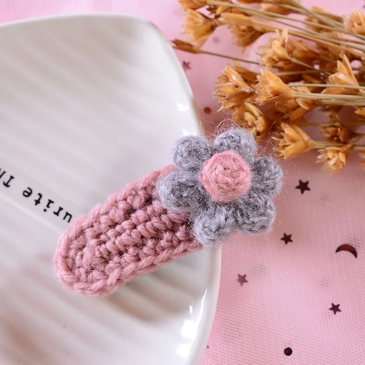 pink Милые детские зимние шерстяные вязаные крючком заколки для волос с цветком, вязаные заколки для волос, заколки для волос, заколки для волос для девочек, аксессуары - Цвет: pink