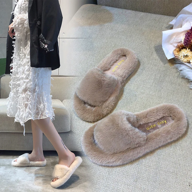 Fashion Women Faux Fur Slides Platform Flat Chunky Heel Fluffy Furry Slippers Winter Footwear Comfortable Ladies Shoes Female