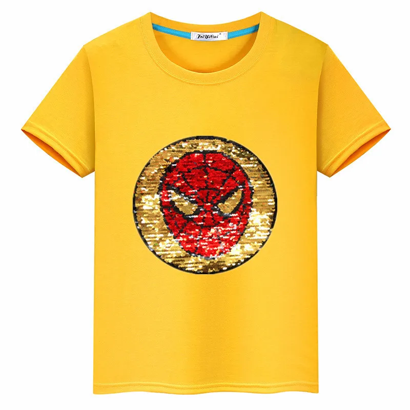 Новые продукты, летняя футболка с короткими рукавами и блестками для мальчиков с человеком-пауком, модные топы