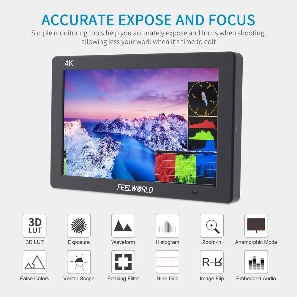 Portable Monitor DSLR Field Monitor FEELWORLD T7 PLUS V2 7Inch 3D LUT IPS 1920x1200 On-camera Field Monitor Aluminum Housing 4K HDMI Input/ Output Waveform Vector