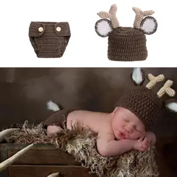

Newborn Photography Props Christmas Elk Costume Baby Photo Props Crochet Knit Deer Infant Beanie Hat+Pants Outfits for Boy Girls