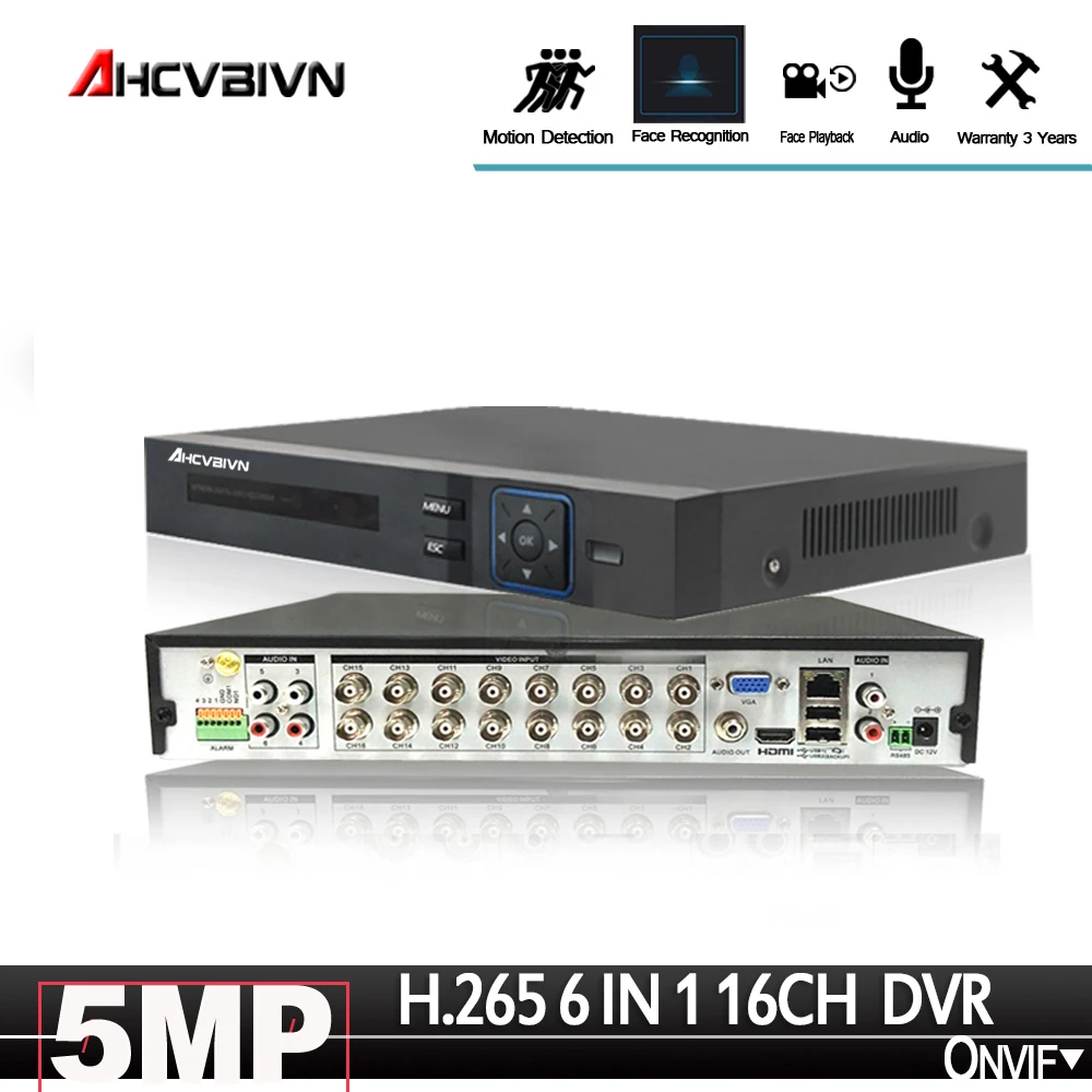 H.265 16CH 5MP 4MP AHD CVI TVI DVR Устройство видеозаписи лица HDMI выход 16-канальный цифровой