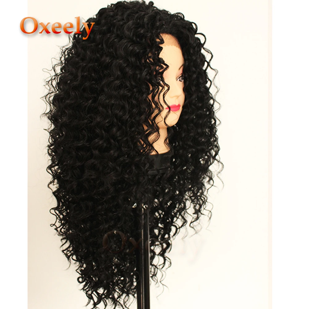 Парики Oxeely на кружеве длинные кудрявые синтетические парики для черных женщин с термостойкой, без клея, черный цвет Kinkys кудрявый парик